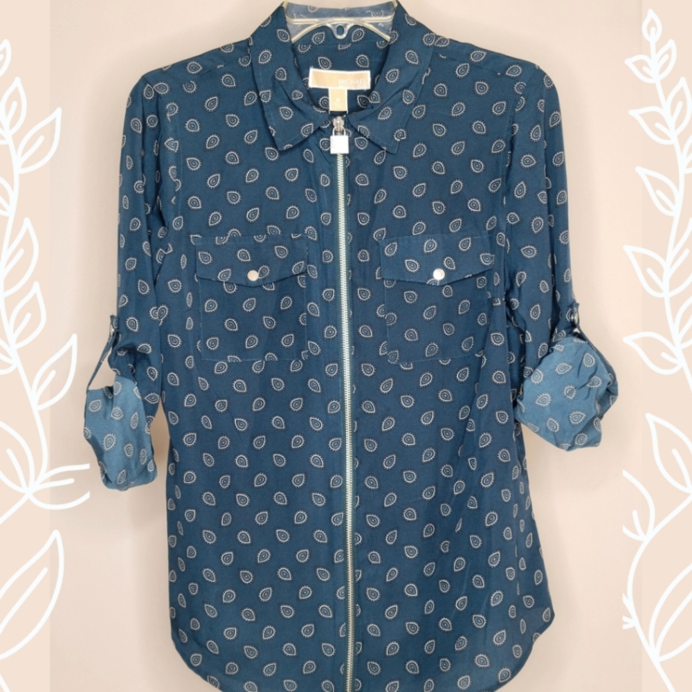 Michael Kors Women's Button Down Teal Paisley Shirt, Size M